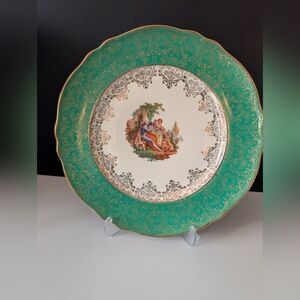 Vintage Steubenville 10.5" Green Scalloped Dinner Plate with 22K Gold Trim